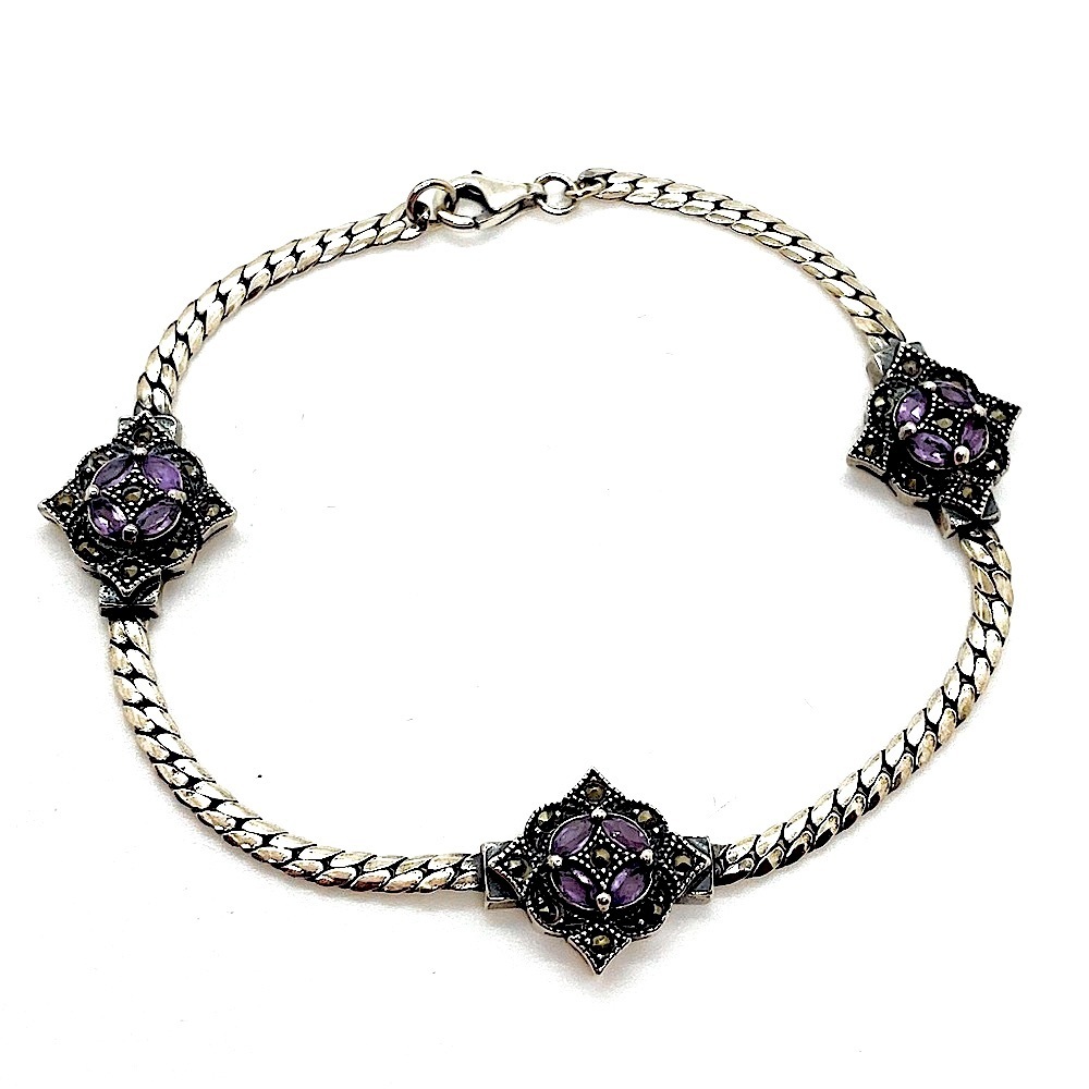 Vtg Sterling Silver Amethyst Marcasite Floral Flower Link Bracelet | 7.5” L